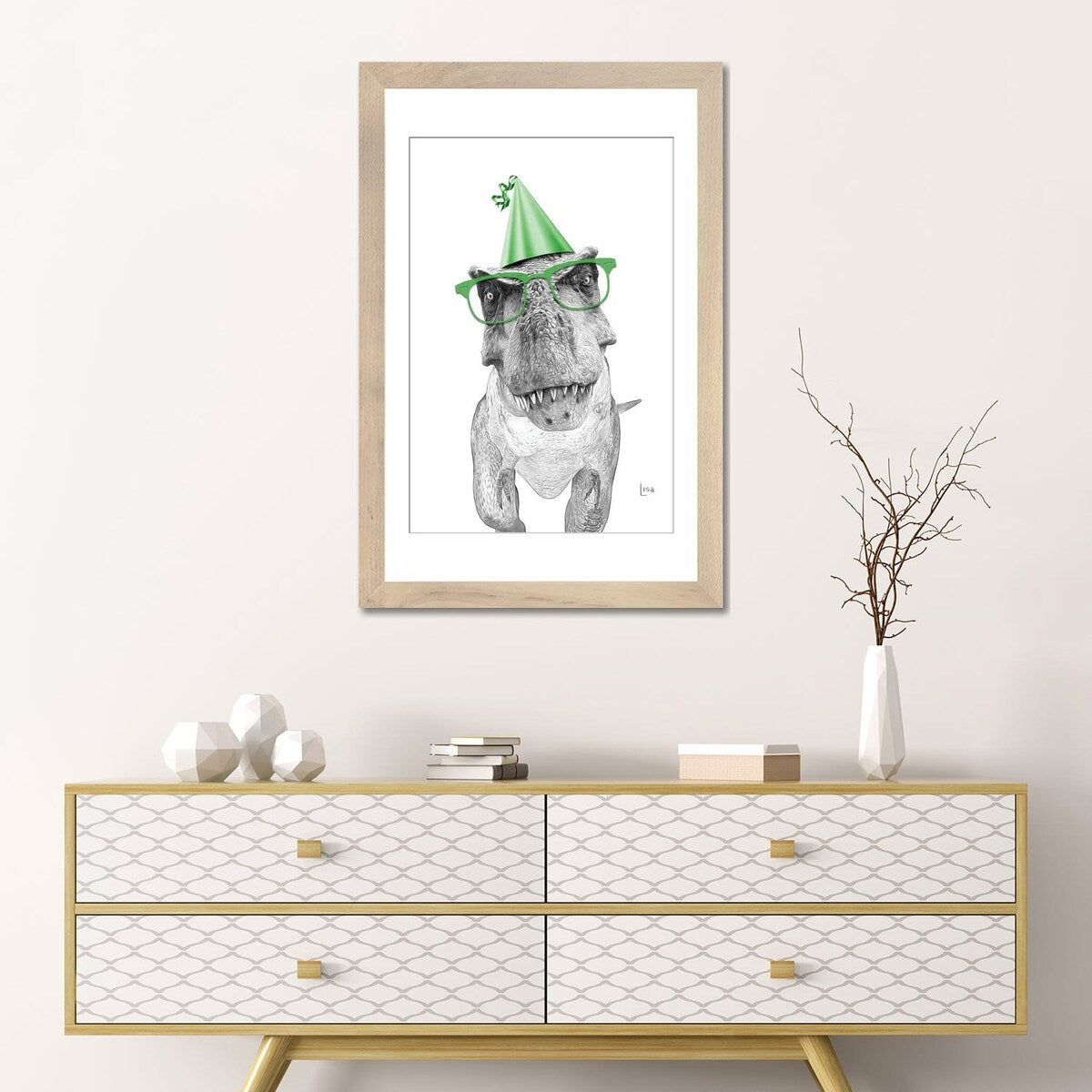 iCanvas "Dinosaur T-Rex With Glasses And Happy Birthday Party Hat" by Printable Lisa's Pets