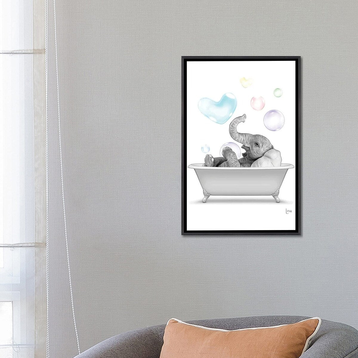 iCanvas "Elephant In The Bath With Bubbles" by Printable Lisa's Pets Framed
