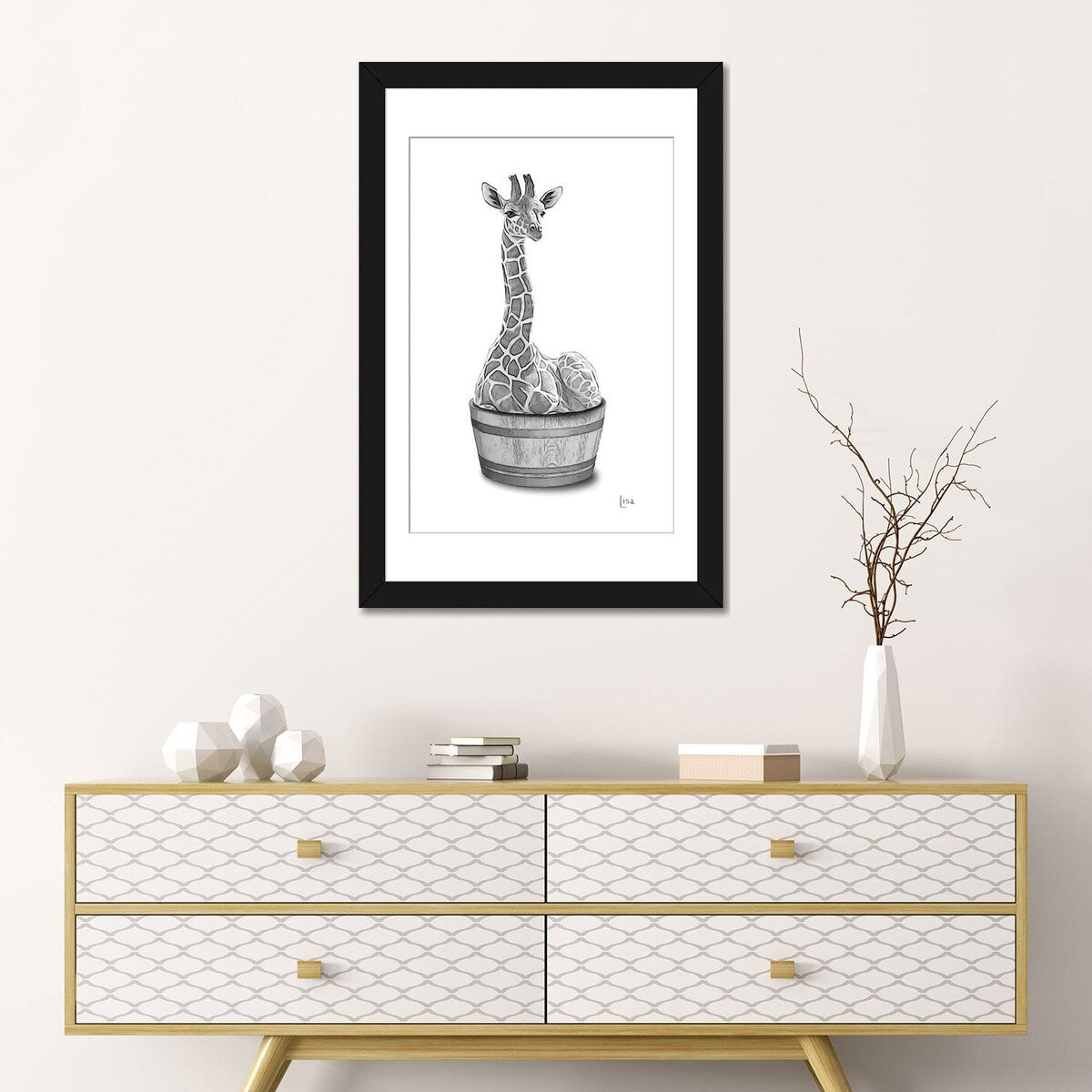 iCanvas "Giraffe In The Tub Bw" by Printable Lisa's Pets