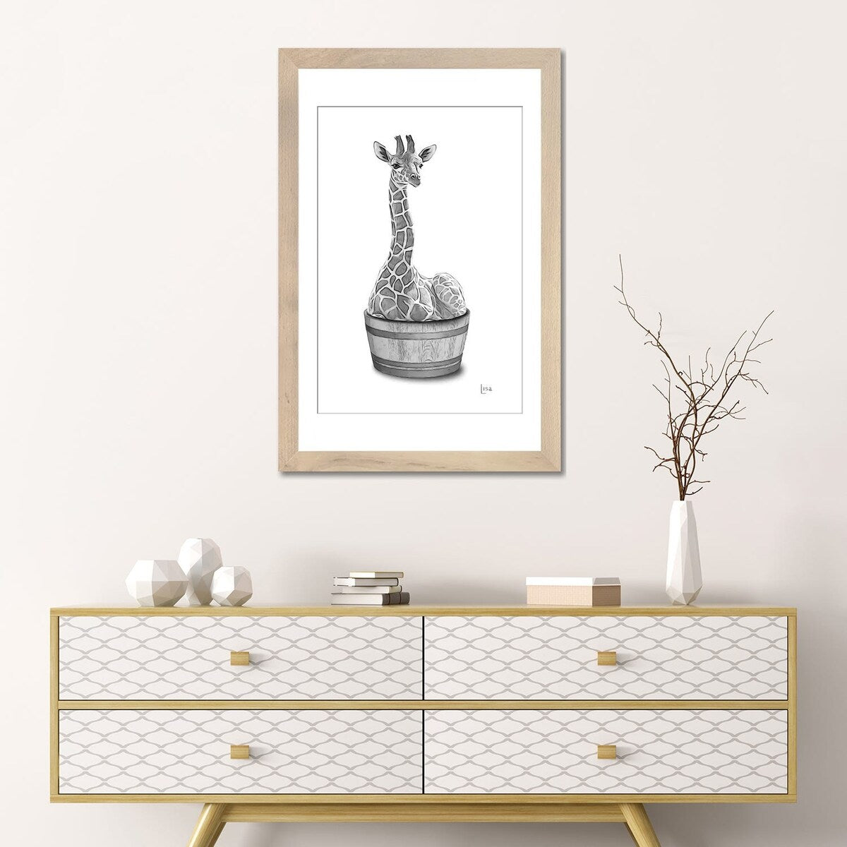 iCanvas "Giraffe In The Tub Bw" by Printable Lisa's Pets