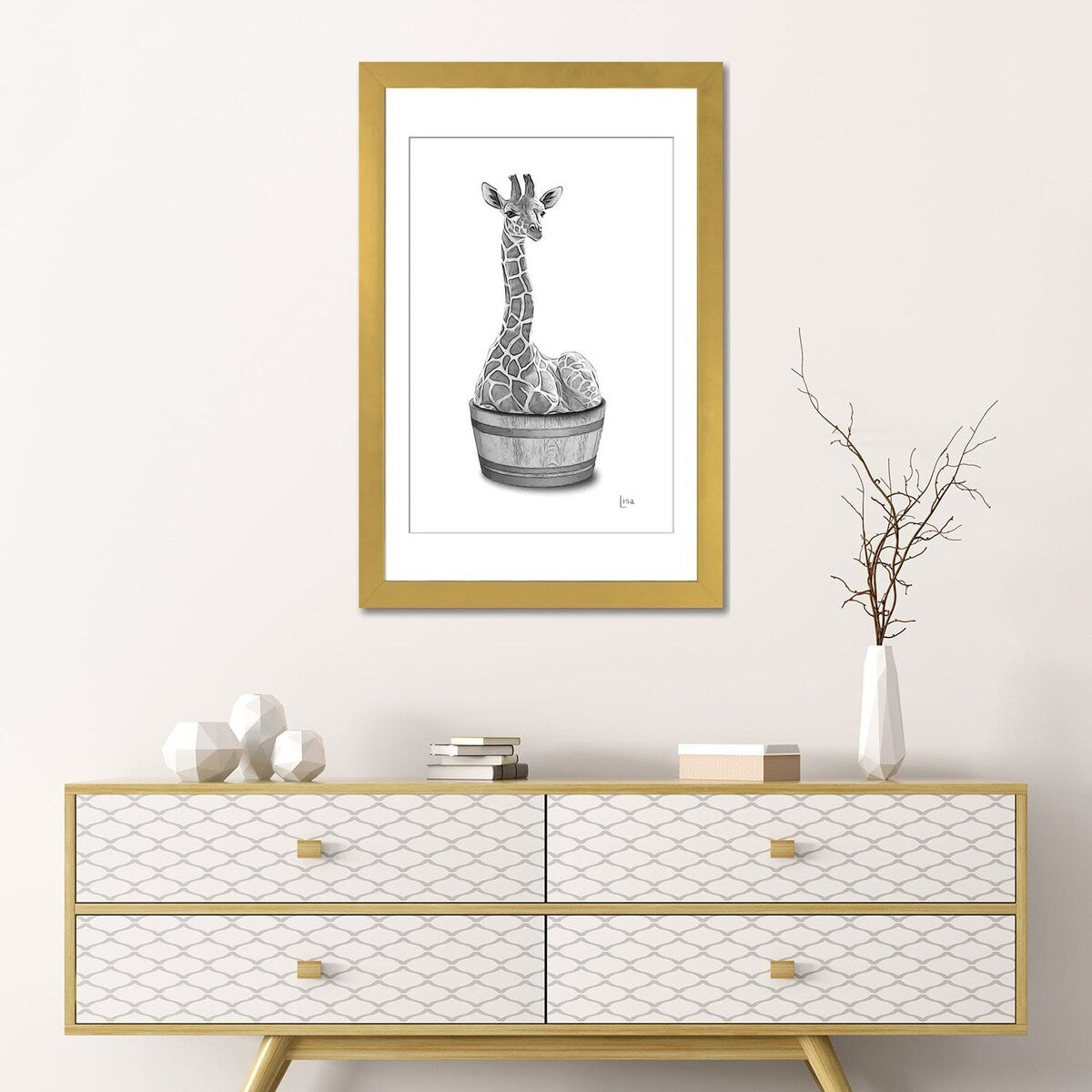iCanvas "Giraffe In The Tub Bw" by Printable Lisa's Pets