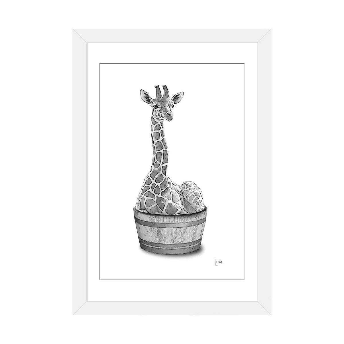 iCanvas "Giraffe In The Tub Bw" by Printable Lisa's Pets