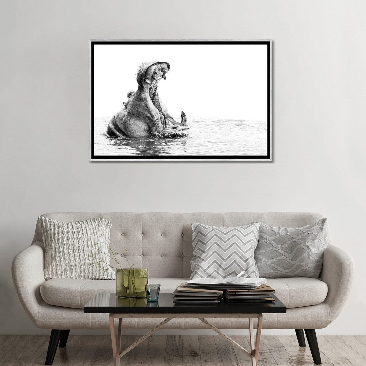 iCanvas "Hippo Yawn B/W" by Kyle Lewin Framed