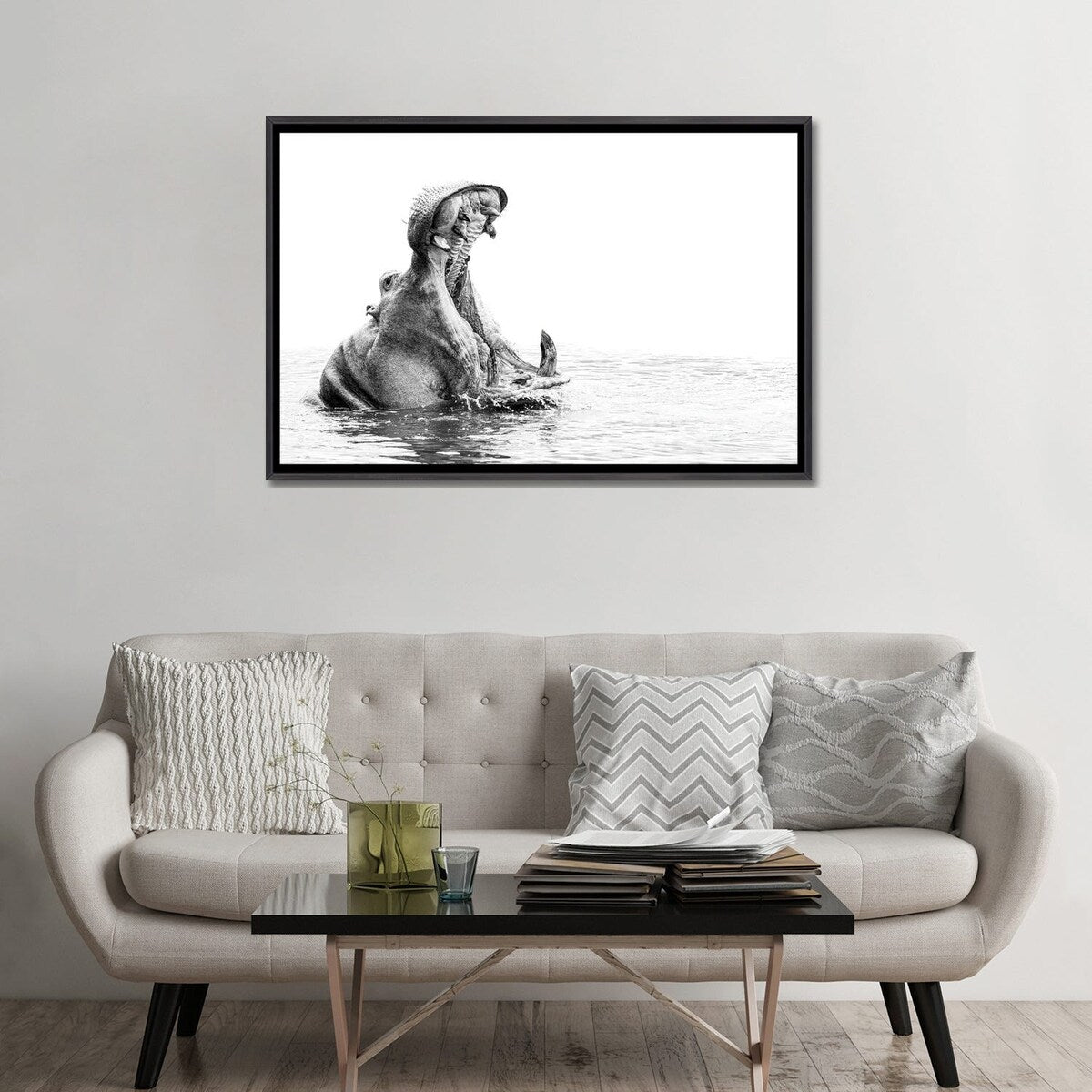 iCanvas "Hippo Yawn B/W" by Kyle Lewin Framed