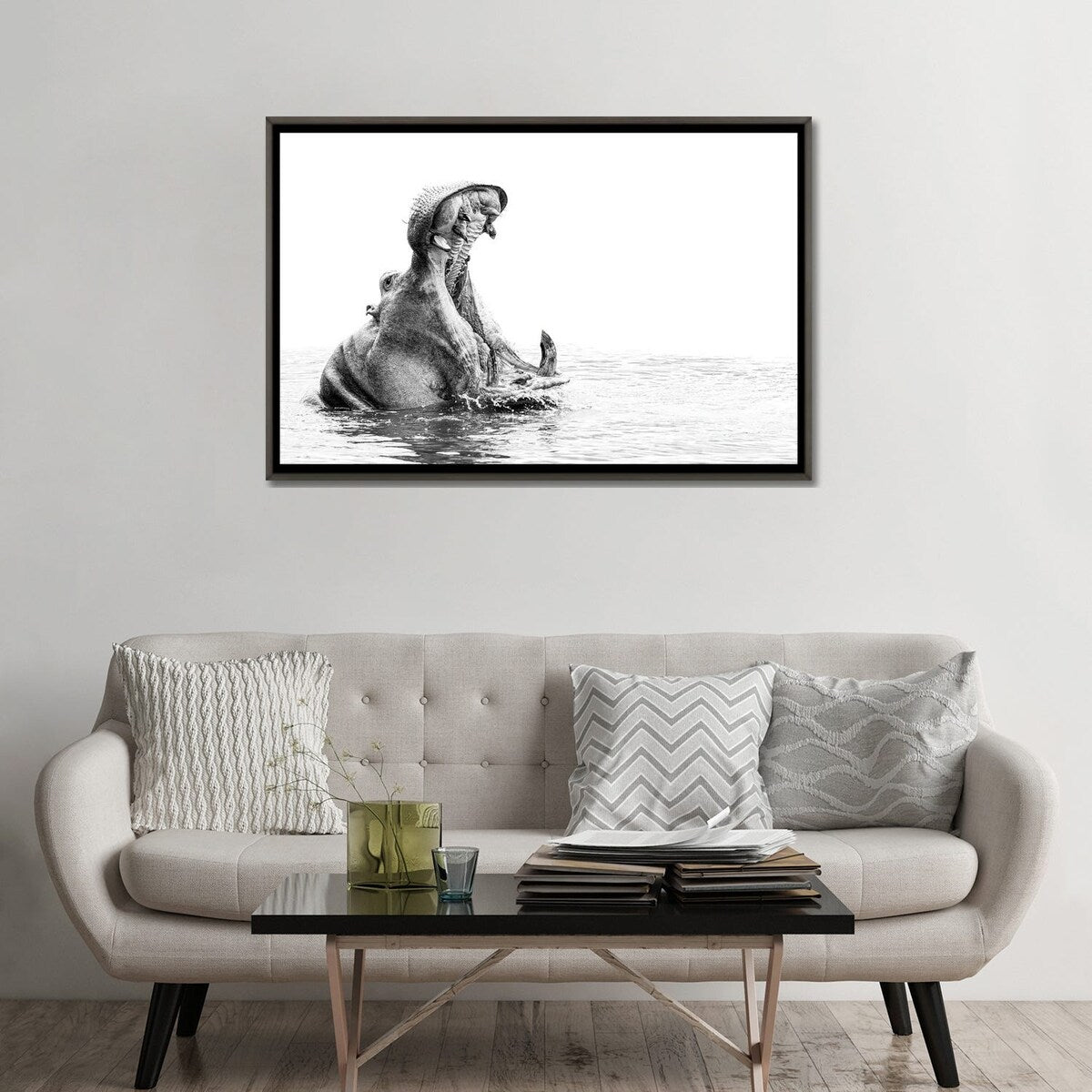 iCanvas "Hippo Yawn B/W" by Kyle Lewin Framed