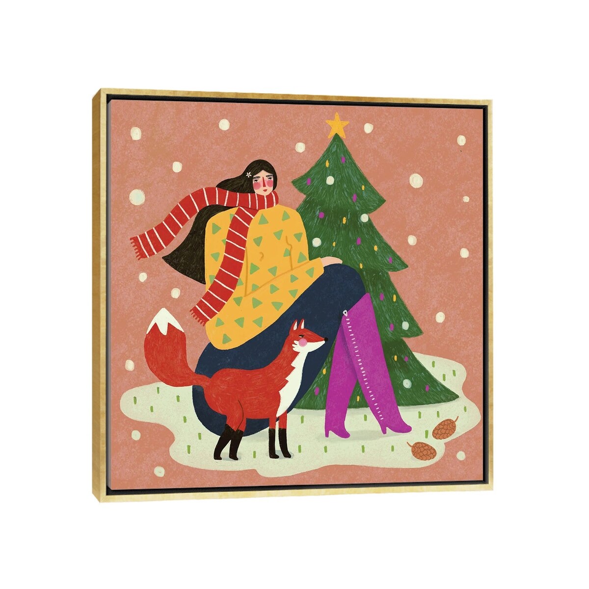 iCanvas "Lady And F0x In Snow" by Renee Melia Framed