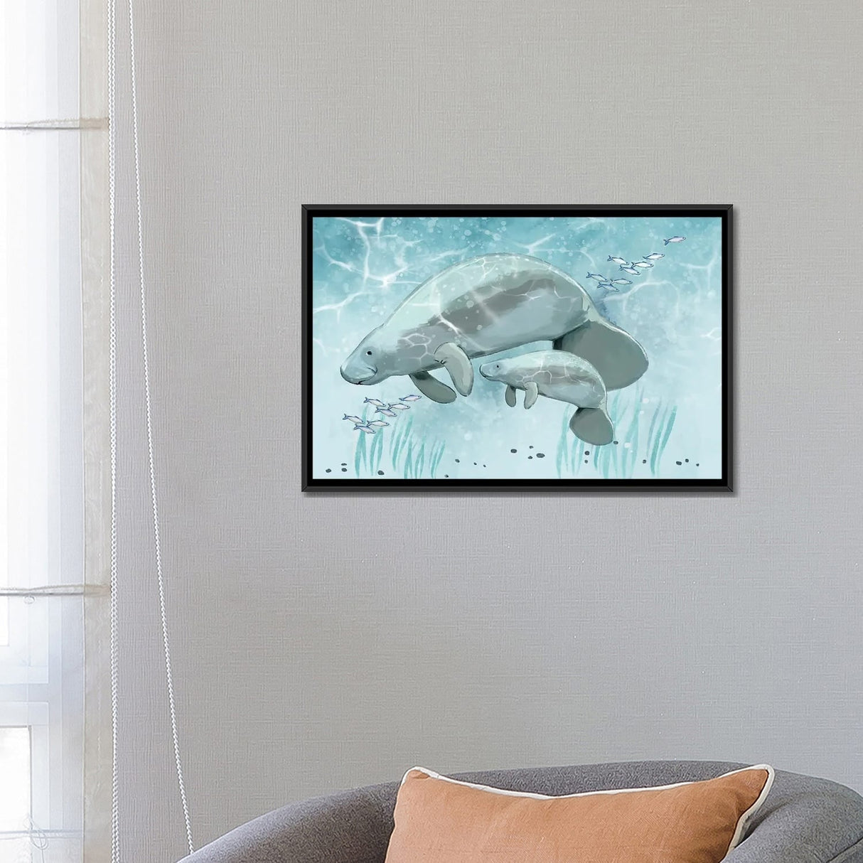 iCanvas "Mama and Baby Manatee" by Thomas Little Framed Canvas Print