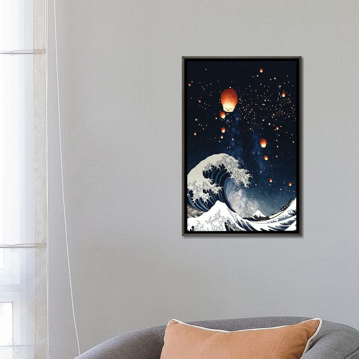 iCanvas "The Big Wave And Japanese Lanterns In Night Sky" by GEN Z Framed
