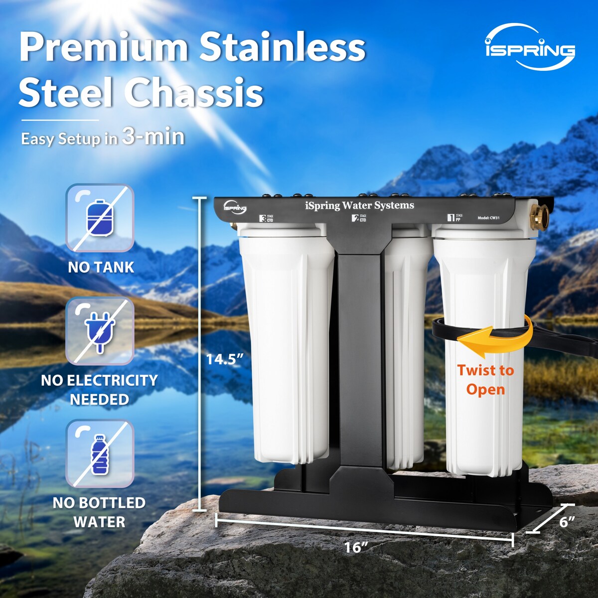 iSpring CW31 3-Stage RV Water Filtration System for RV, Sediment filter and Dual CTO Carbon Block filter, Tankless, BPA Free