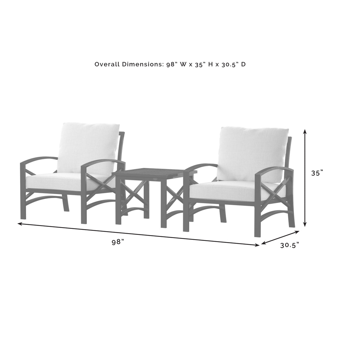 kaplan 3 pc outdoor seating set with oatmeal cushion - two chairs, side table - 98"W x 30.5"D x 35"H