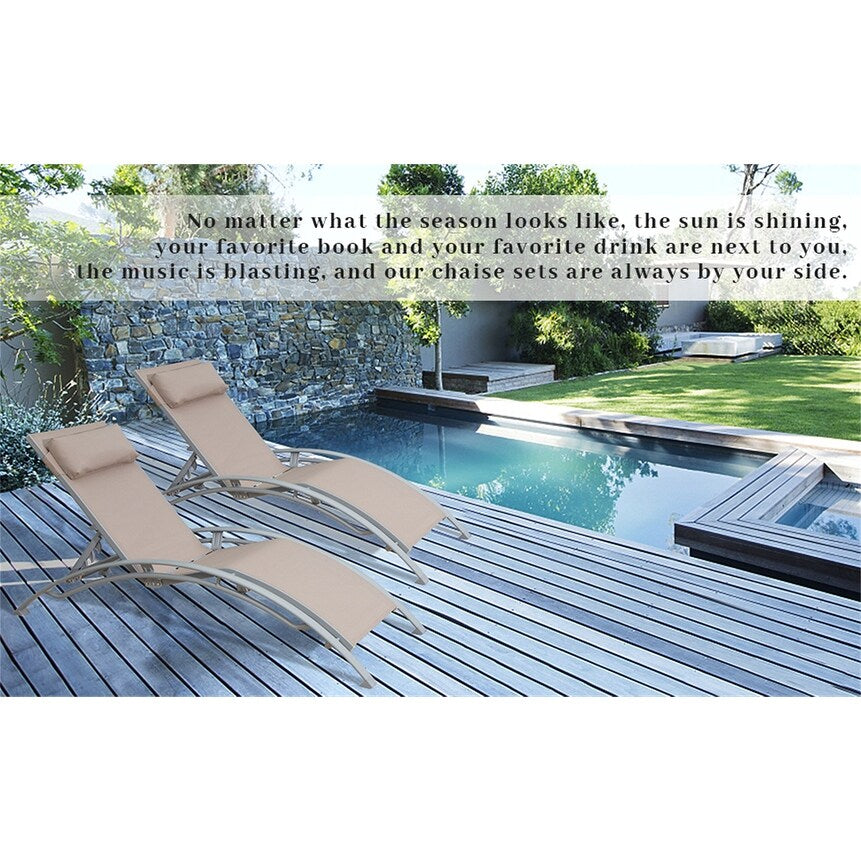 khaki Reclining Beach Chairs Set of 3 w/ Adjustable Chairs & Table