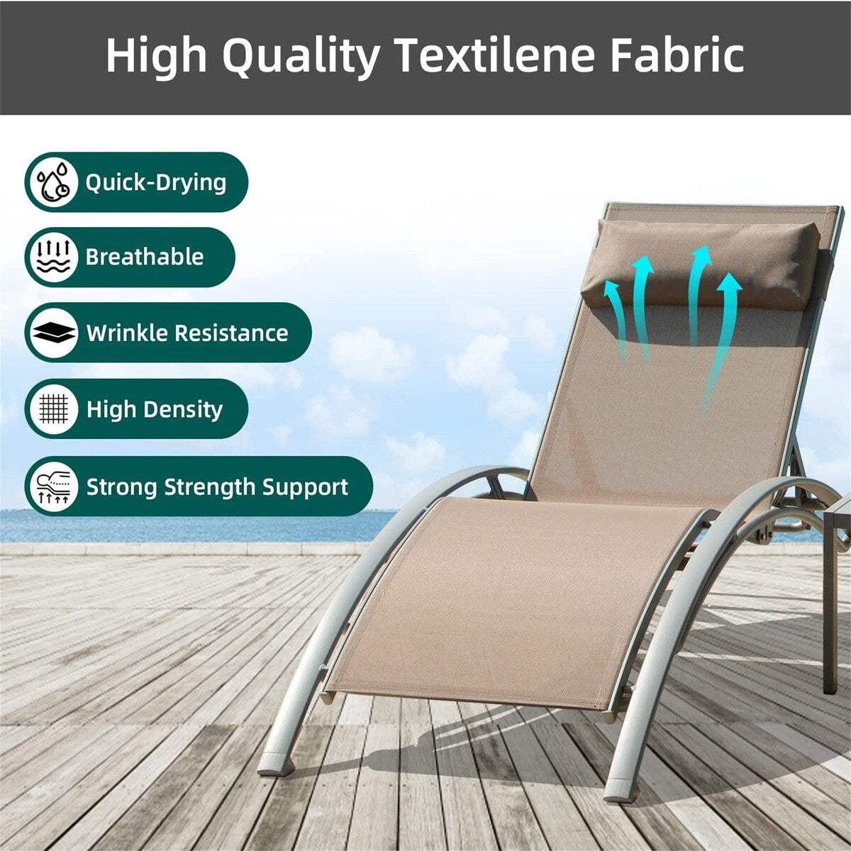khaki Reclining Beach Chairs Set of 3 w/ Adjustable Chairs & Table