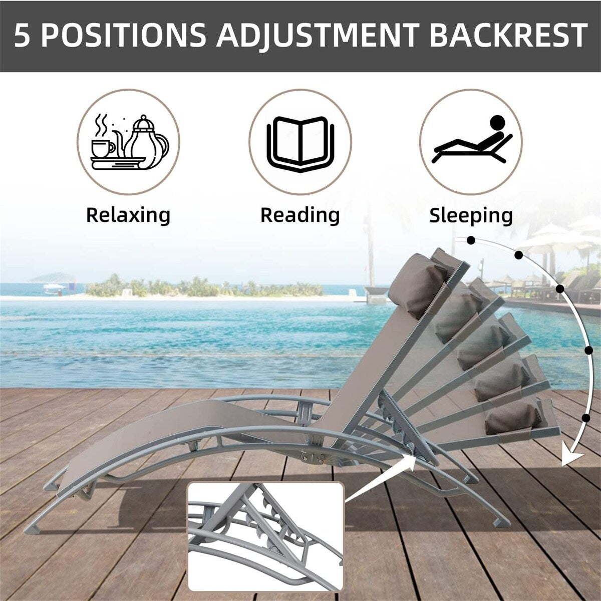 khaki Reclining Beach Chairs Set of 3 w/ Adjustable Chairs & Table