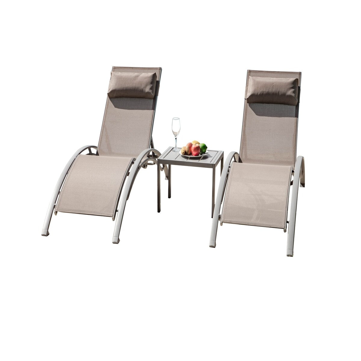 khaki Reclining Beach Chairs Set of 3 w/ Adjustable Chairs & Table