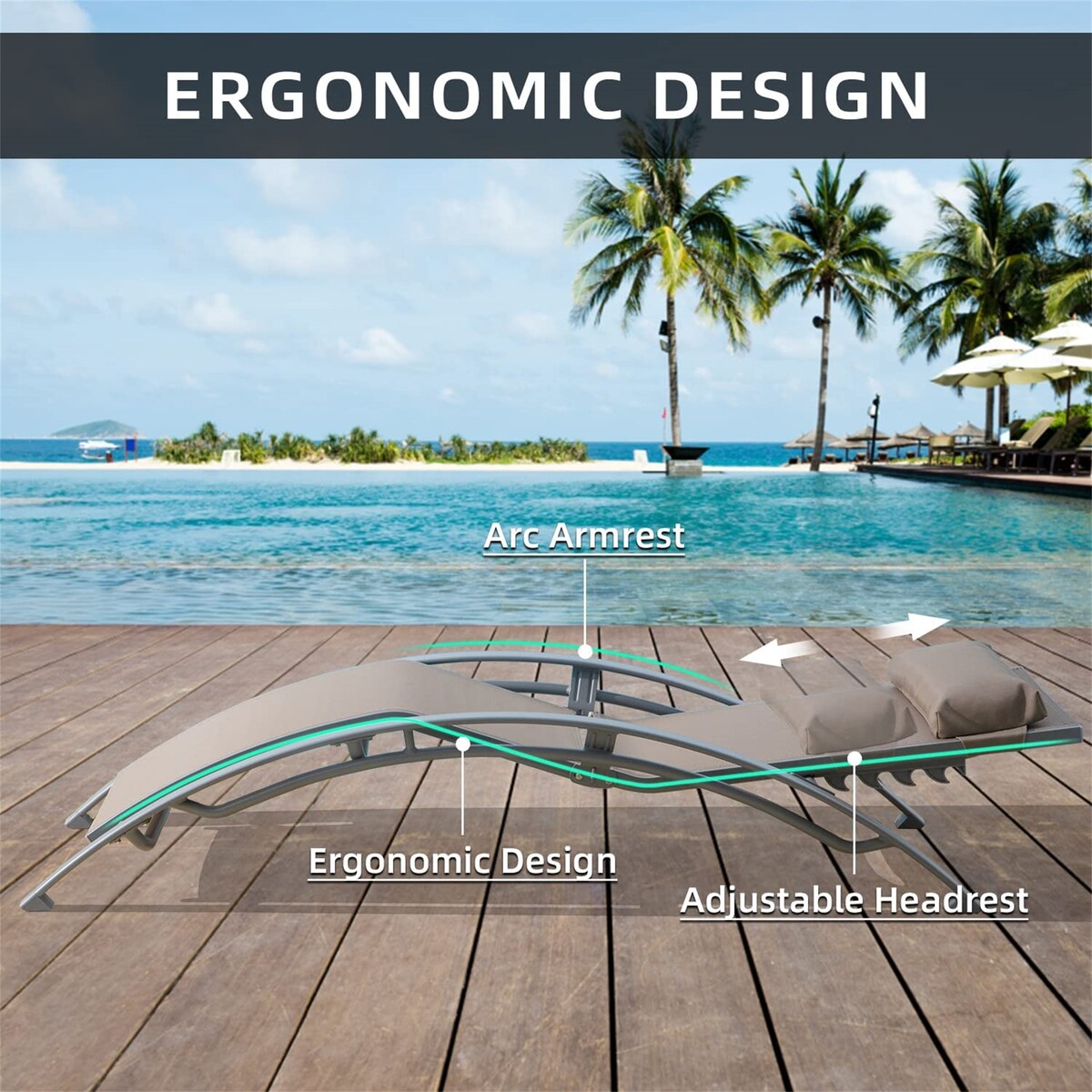 khaki Reclining Beach Chairs Set of 3 w/ Adjustable Chairs & Table