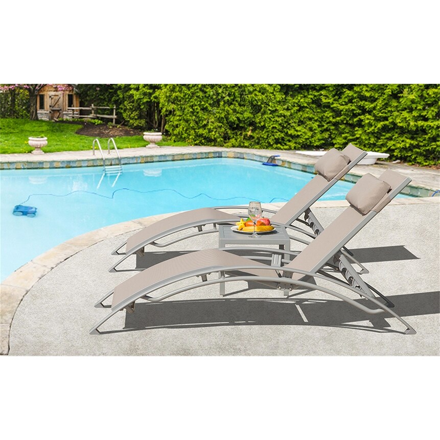 khaki Reclining Beach Chairs Set of 3 w/ Adjustable Chairs & Table
