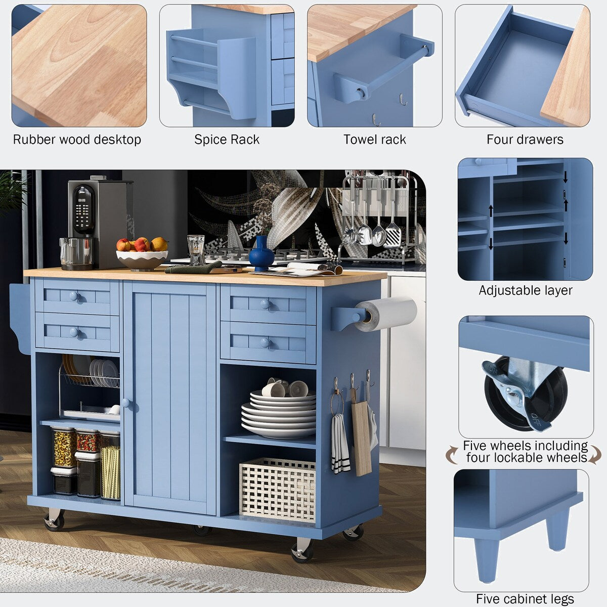 kitchen island cart with Spice Rack, Towel Rack