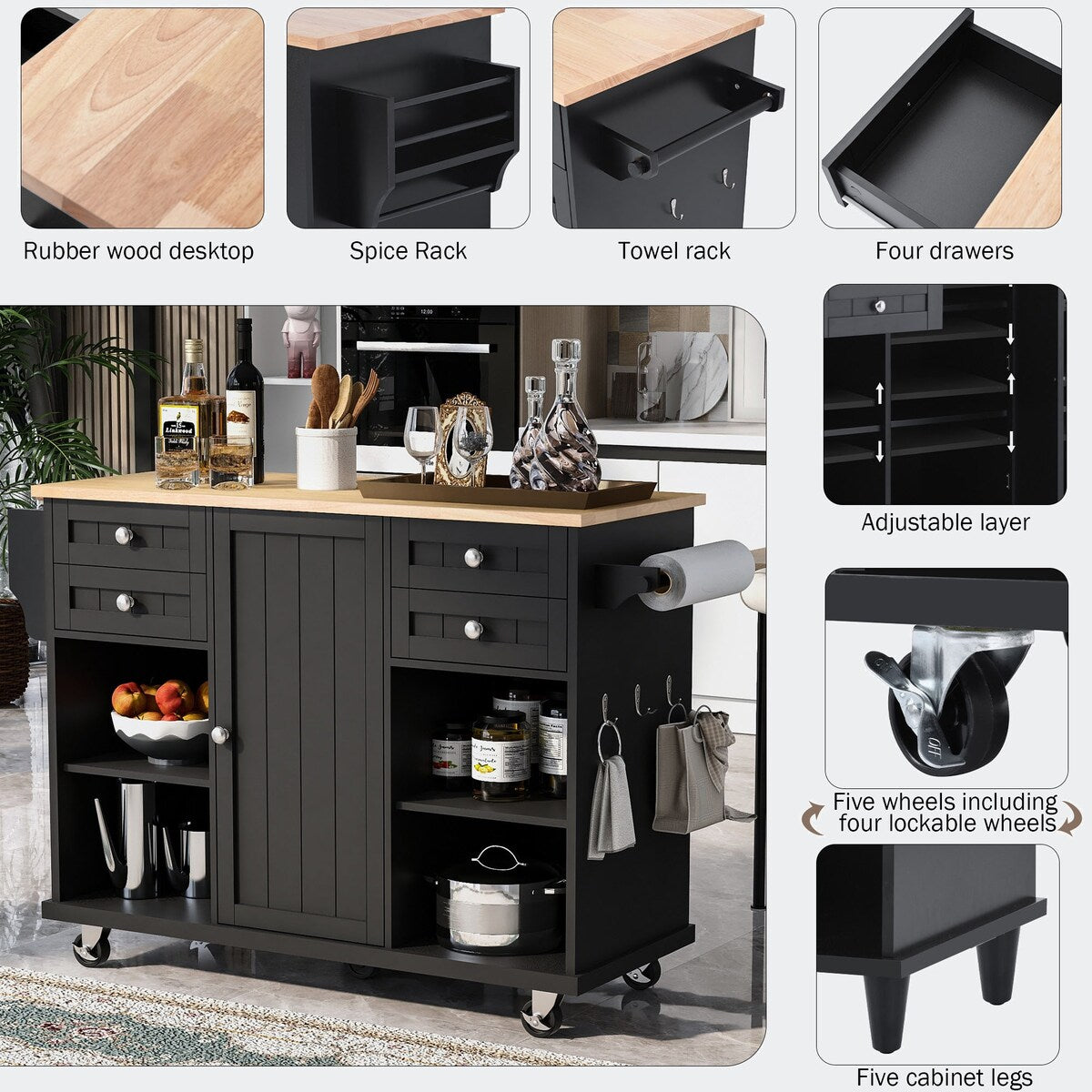 kitchen island cart with Spice Rack, Towel Rack