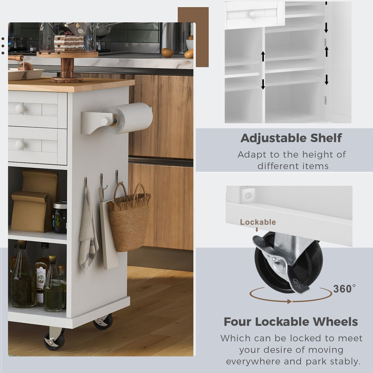 kitchen island cart with Spice Rack, Towel Rack