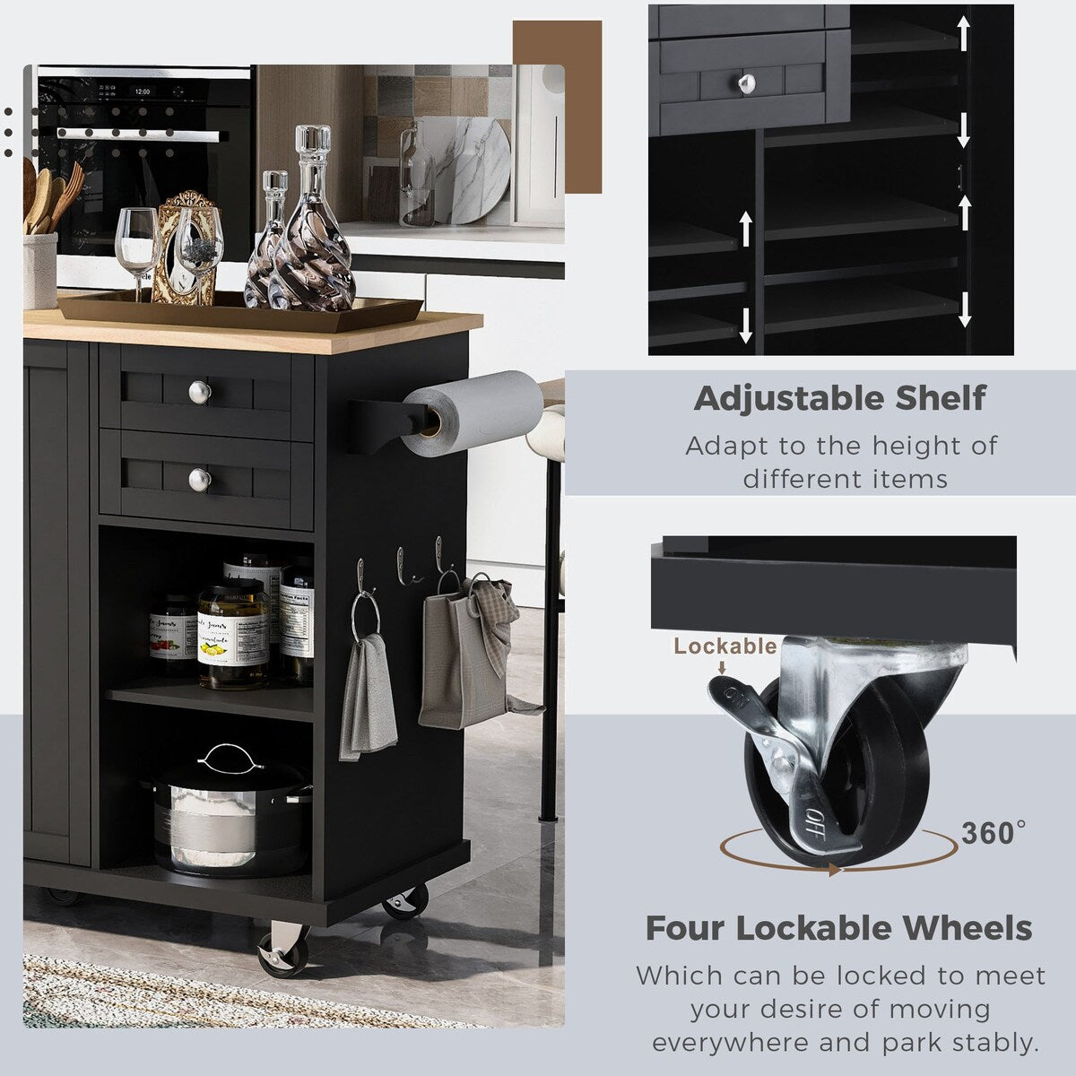 kitchen island cart with Spice Rack, Towel Rack