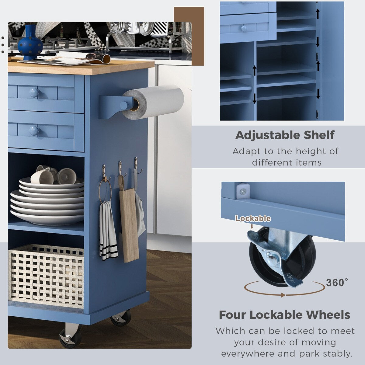 kitchen island cart with Spice Rack, Towel Rack
