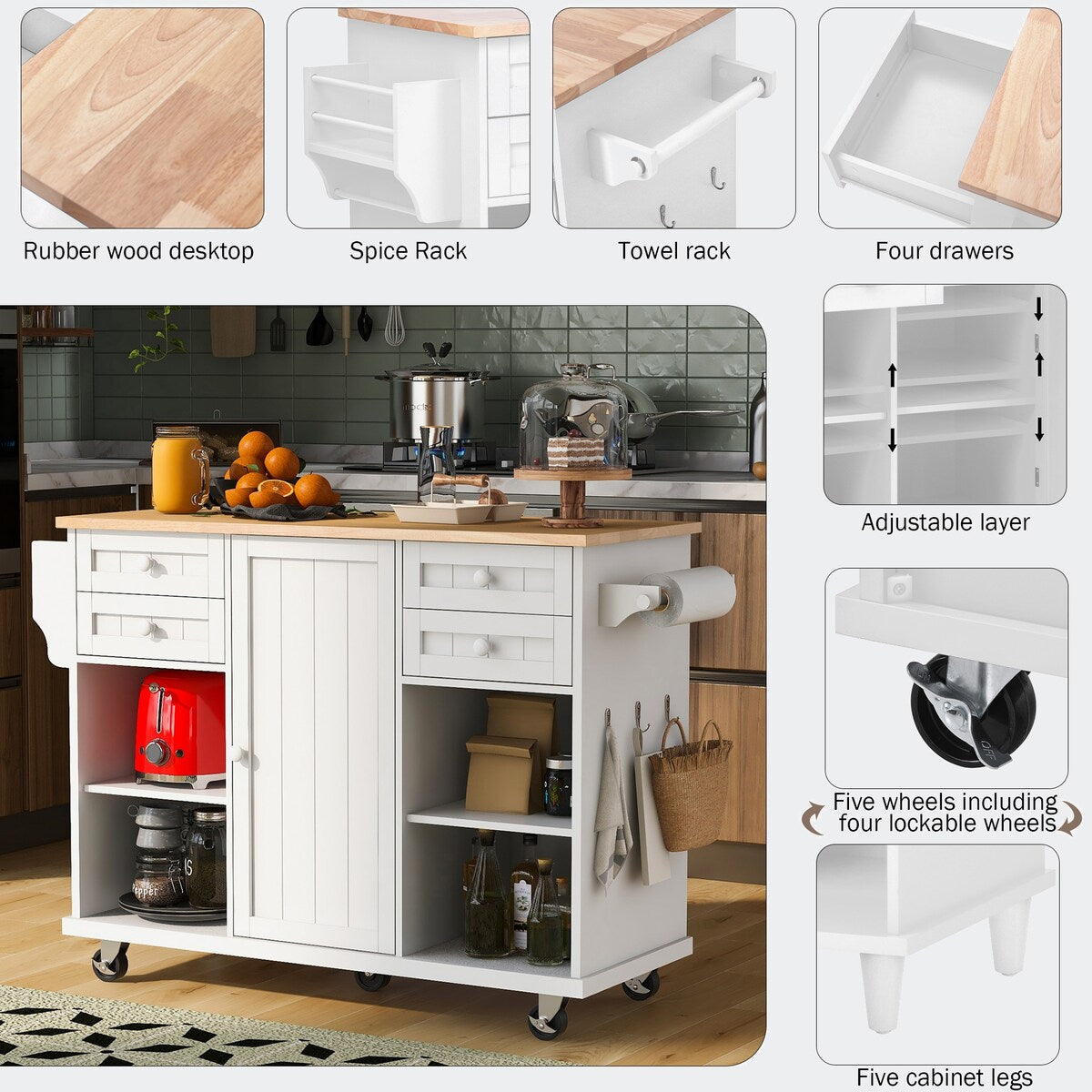 kitchen island cart with Spice Rack, Towel Rack