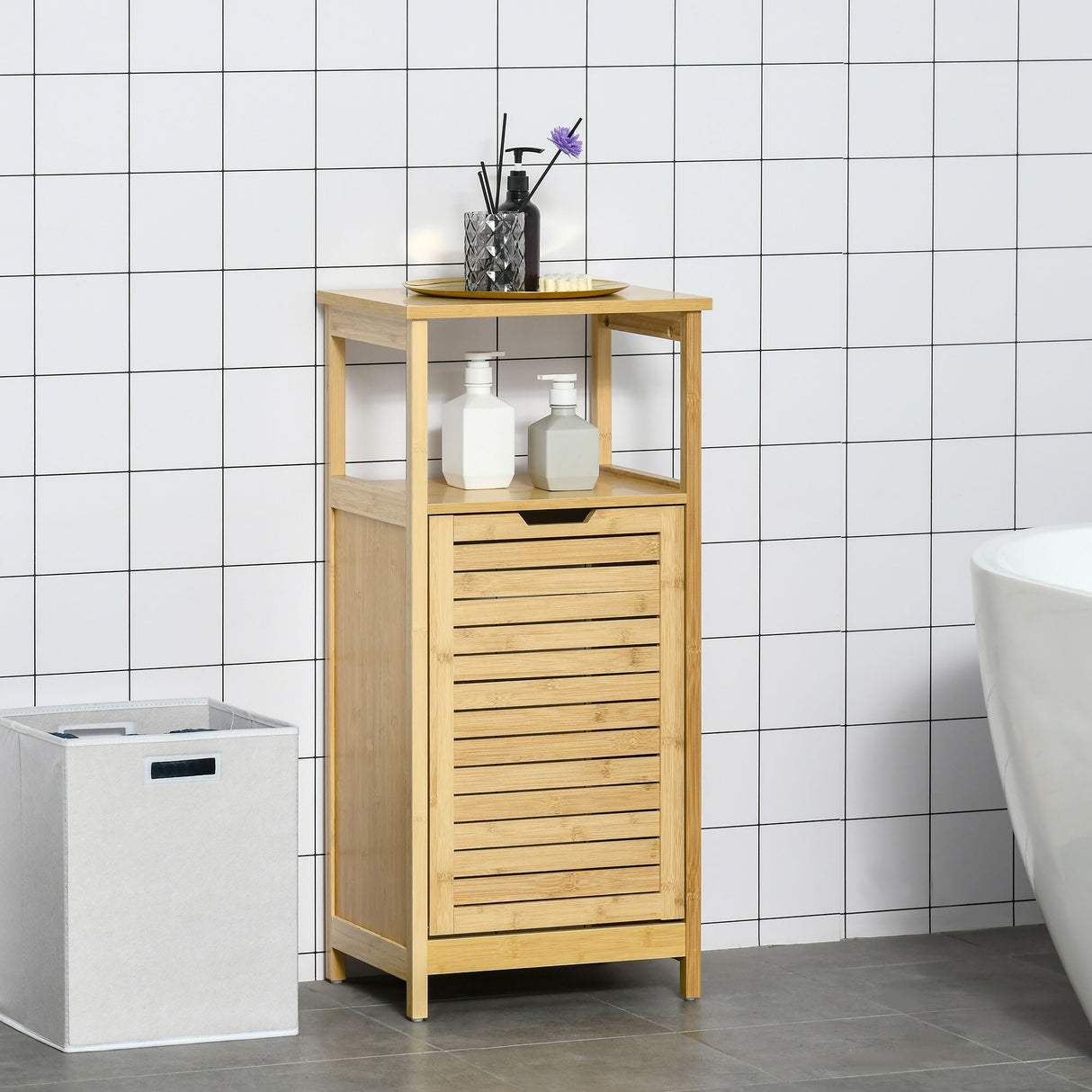 kleankin Bamboo Laundry Hamper Cabinet, Bathroom Storage Organizer with Tilt Out Laundry Basket for Dirty Clothes, Natural