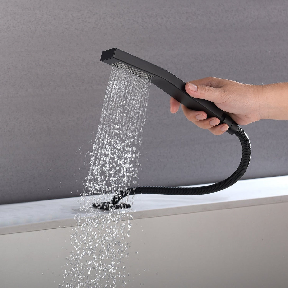 matte black Bathtub Faucet Waterfall Mixer Faucet with Hand Shower Deck Mount - 7'6" x 9'6"