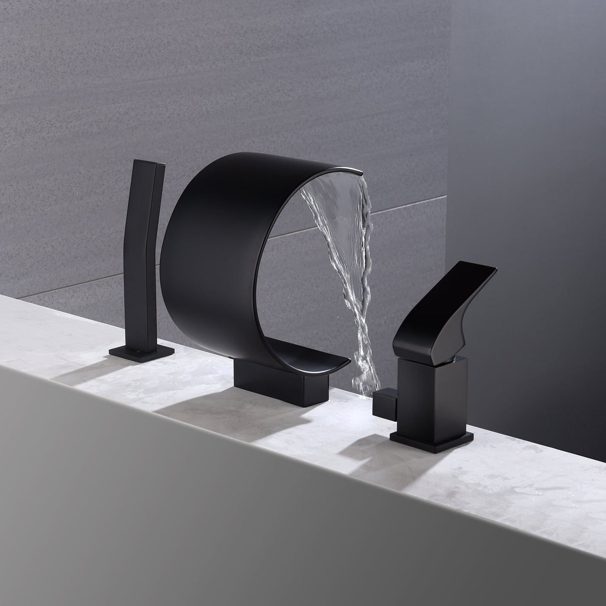 matte black Bathtub Faucet Waterfall Mixer Faucet with Hand Shower Deck Mount - 7'6" x 9'6"