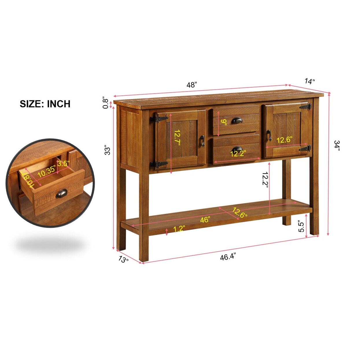 olid Wood Sideboard Console Table with 2 Drawers and Cabinets