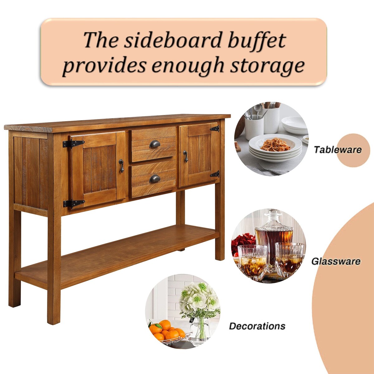 olid Wood Sideboard Console Table with 2 Drawers and Cabinets