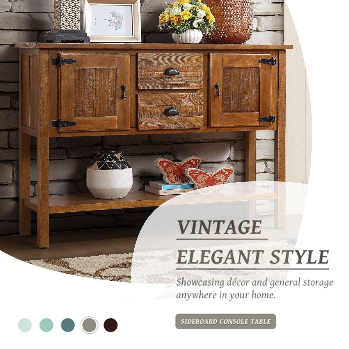 olid Wood Sideboard Console Table with 2 Drawers and Cabinets