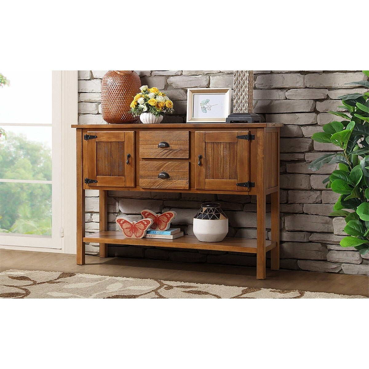 olid Wood Sideboard Console Table with 2 Drawers and Cabinets