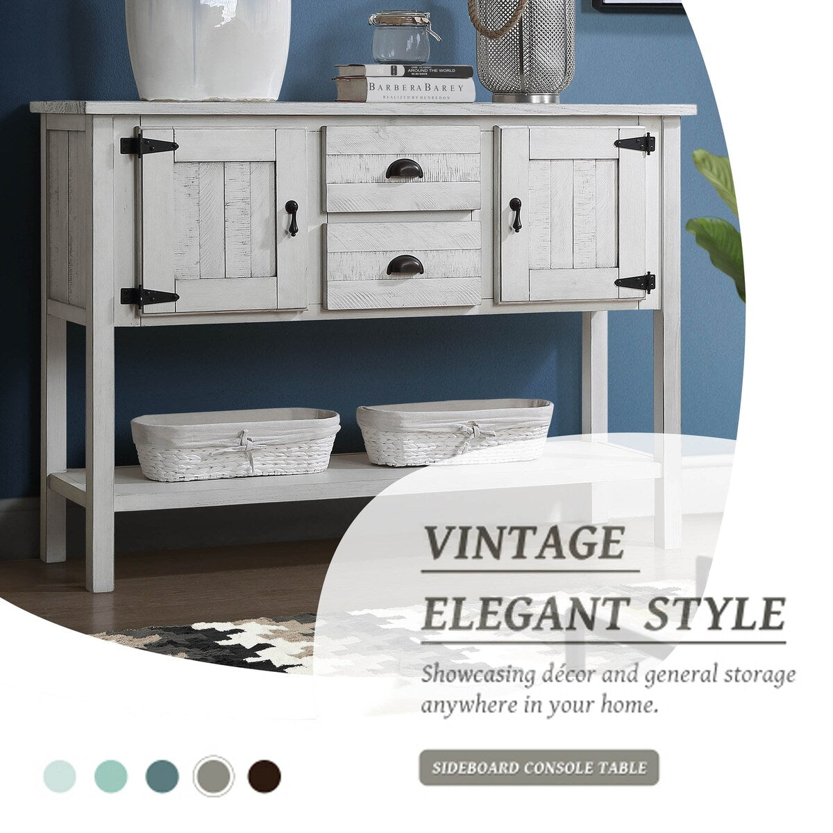 olid Wood Sideboard Console Table with 2 Drawers and Cabinets