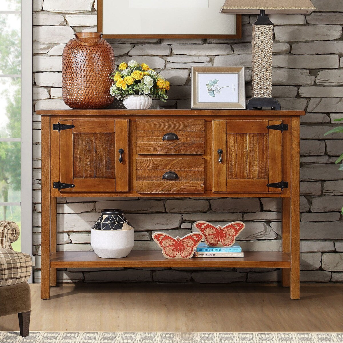olid Wood Sideboard Console Table with 2 Drawers and Cabinets