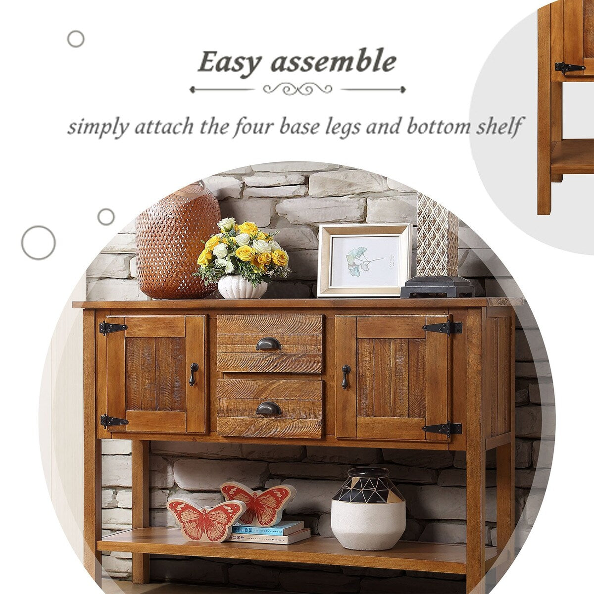 olid Wood Sideboard Console Table with 2 Drawers and Cabinets