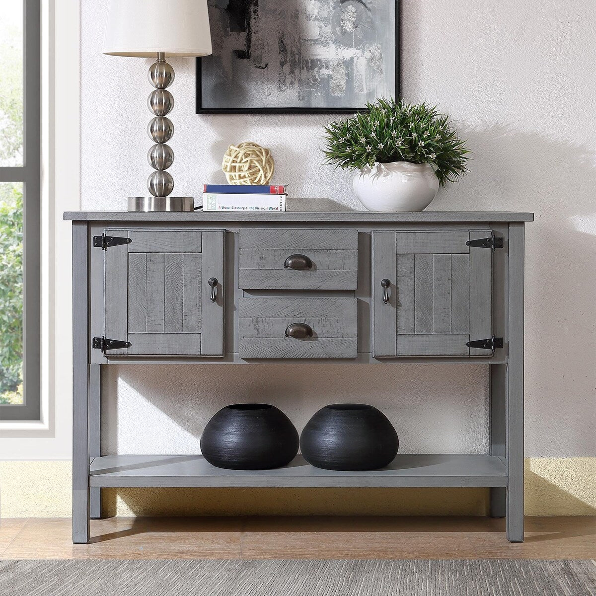 olid Wood Sideboard Console Table with 2 Drawers and Cabinets