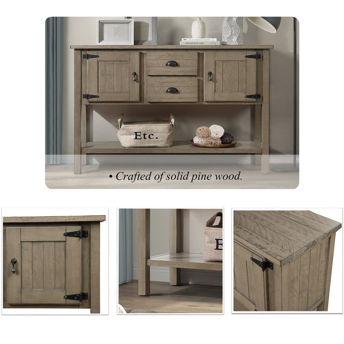 olid Wood Sideboard Console Table with 2 Drawers and Cabinets