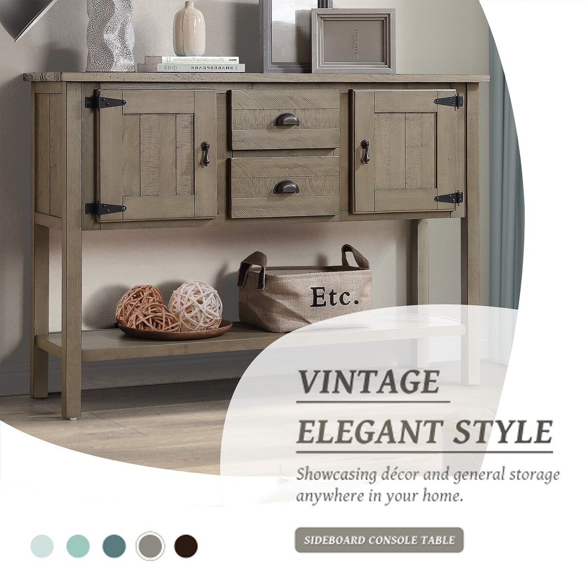 olid Wood Sideboard Console Table with 2 Drawers and Cabinets