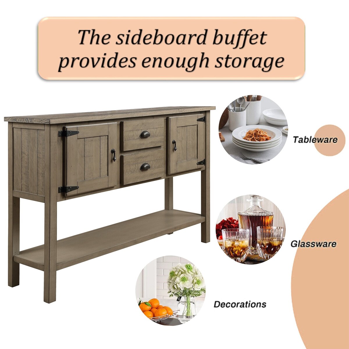 olid Wood Sideboard Console Table with 2 Drawers and Cabinets
