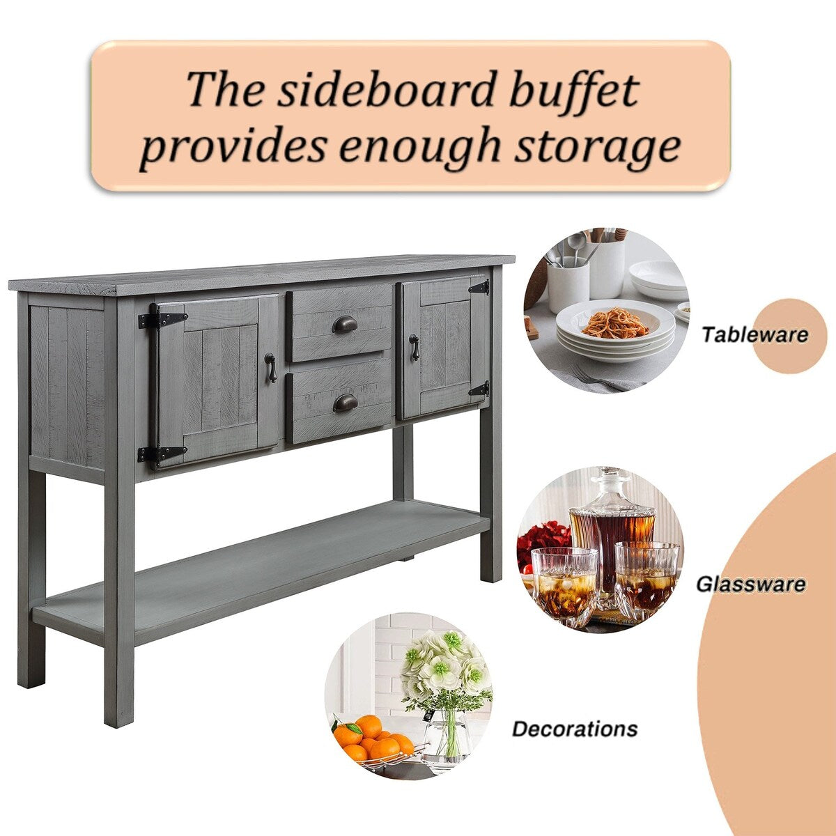 olid Wood Sideboard Console Table with 2 Drawers and Cabinets