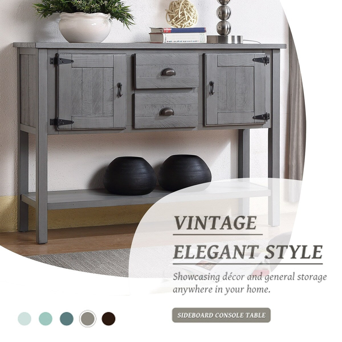 olid Wood Sideboard Console Table with 2 Drawers and Cabinets