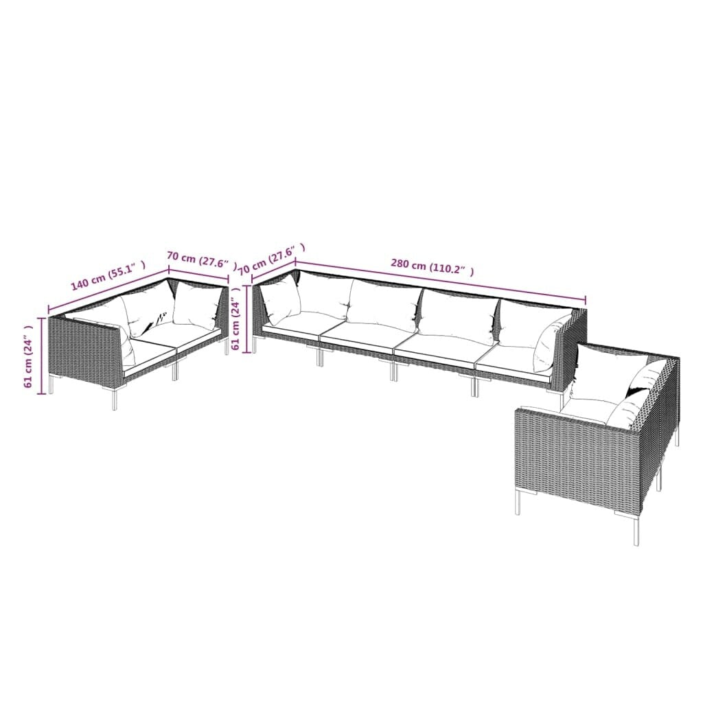 vidaXL Patio Lounge Set Outdoor Sectional Sofa Set Table Poly Rattan Dark Grey - 27.6" x 27.6" x 24"