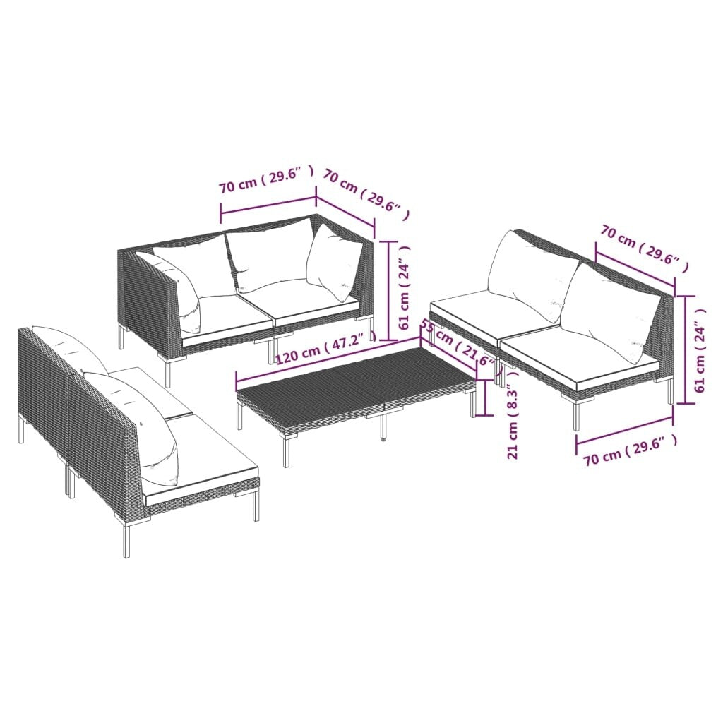 vidaXL Patio Lounge Set Outdoor Sectional Sofa Set Table Poly Rattan Dark Grey - 27.6" x 27.6" x 24"