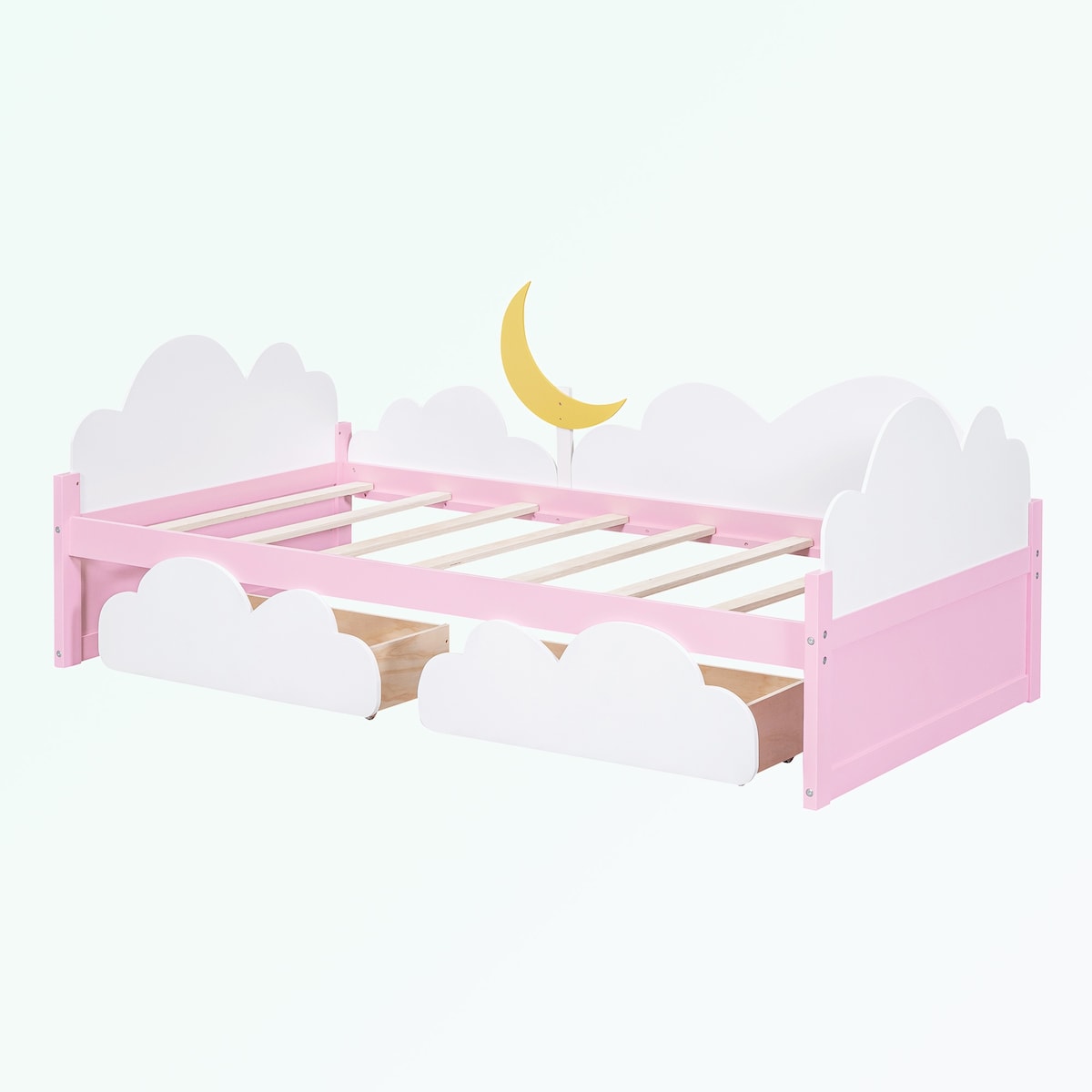 win Size Bed with Clouds and Crescent Moon Decor