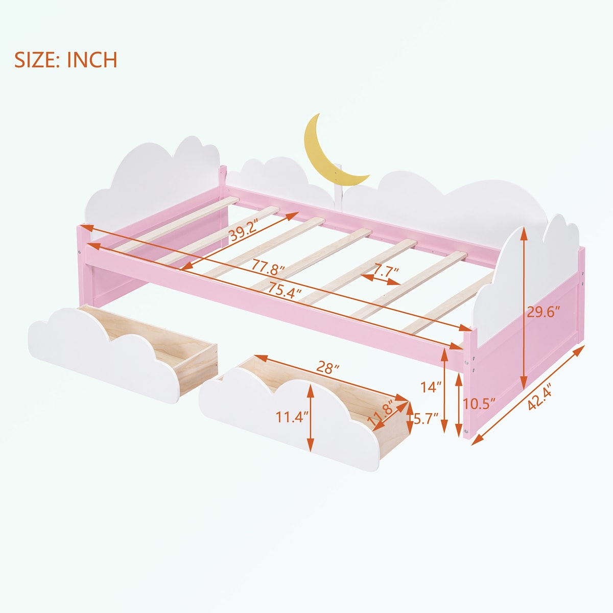 win Size Bed with Clouds and Crescent Moon Decor