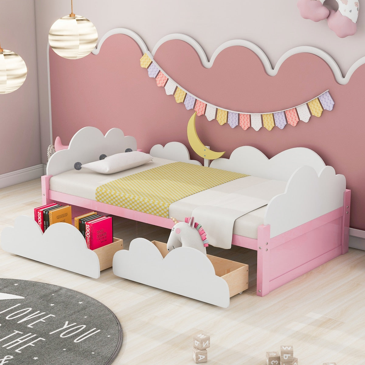 win Size Bed with Clouds and Crescent Moon Decor