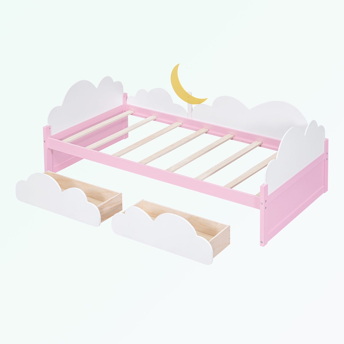 win Size Bed with Clouds and Crescent Moon Decor