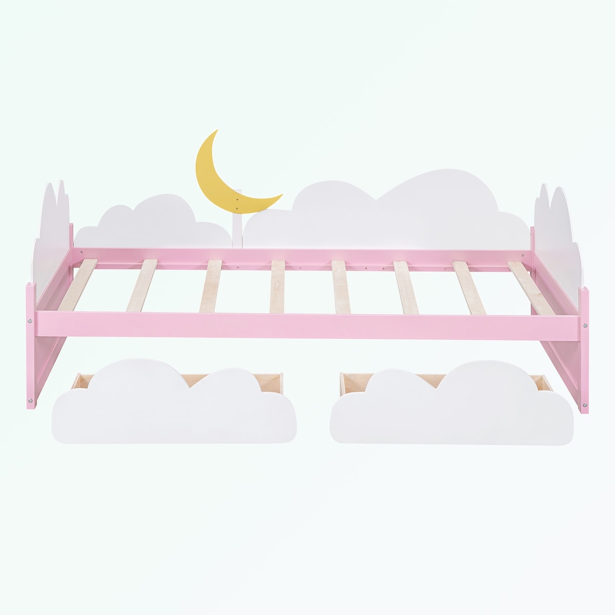win Size Bed with Clouds and Crescent Moon Decor