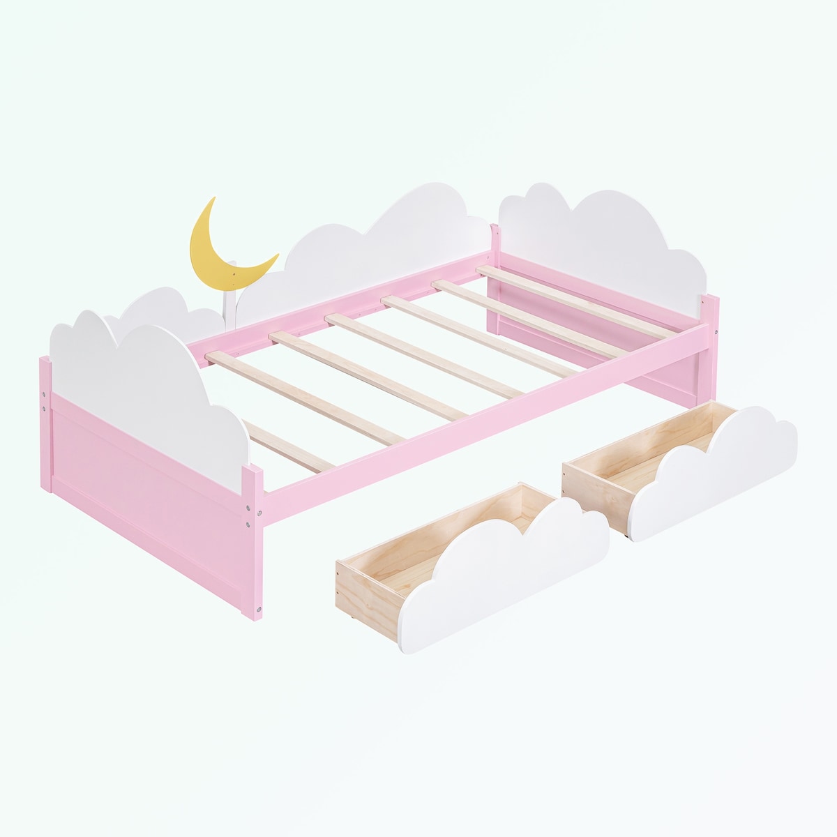win Size Bed with Clouds and Crescent Moon Decor